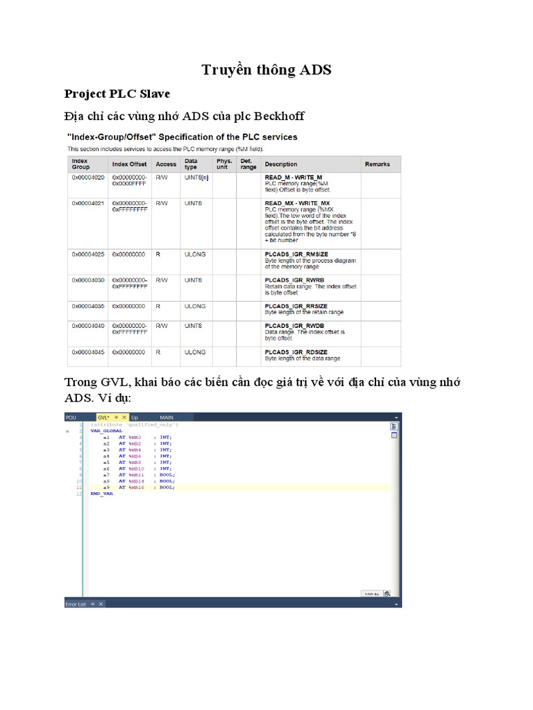 Truyền thông ADS: Địa chỉ các vùng nhớ ADS của plc Beckhoff | PDF