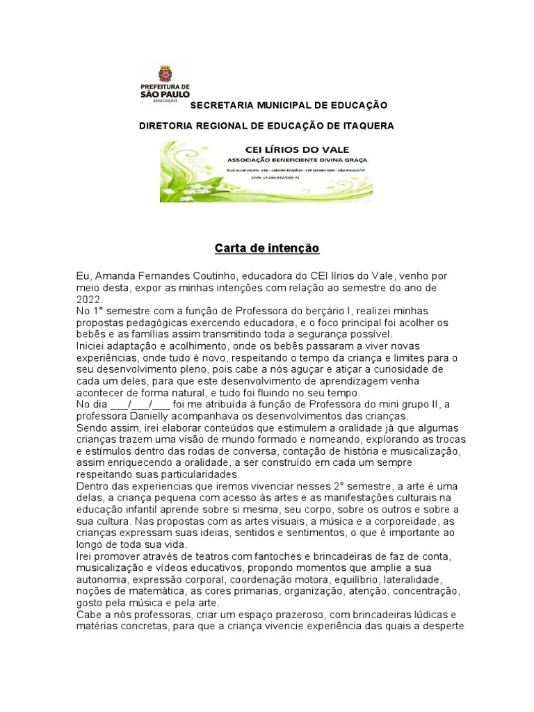 Carta de Intenção: Educação Infantil 2022 | PDF | Bem-estar