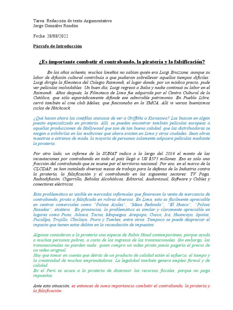 Redacción Texto Argumentativo | PDF | Infracción de copyright | Contrabando