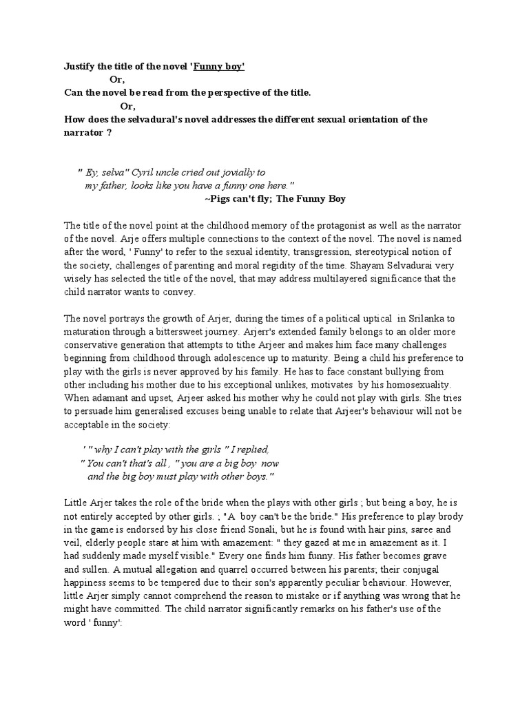 Justify The Title of The Novel 'Funny Boy' PDF Social Institutions Behavioural Sciences