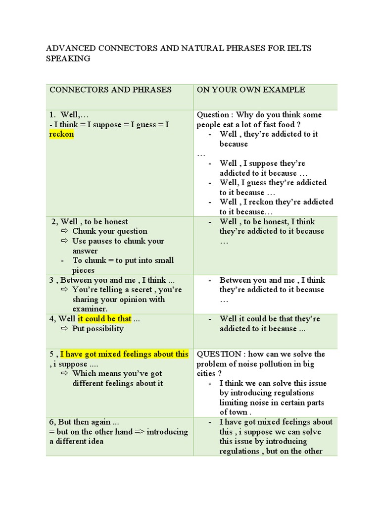 Advanced Connectors and Natural Phrases For Ielts Speaking PDF