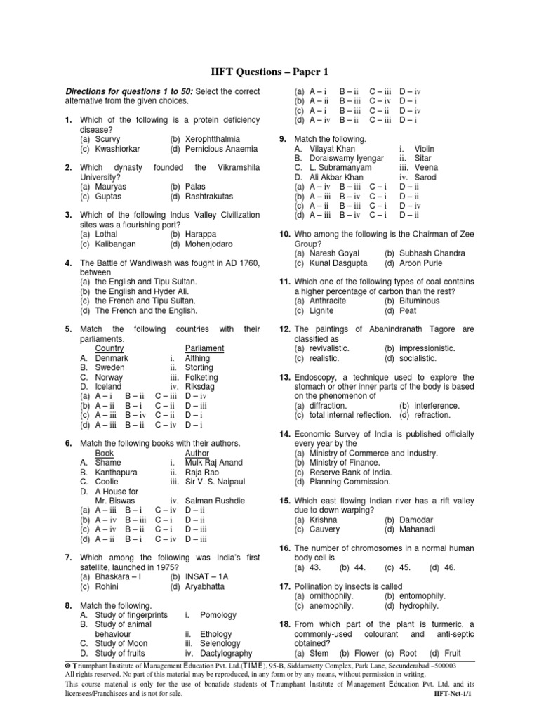 IIFT Questions - Paper 1: Directions For Questions 1 To 50: Select The ...