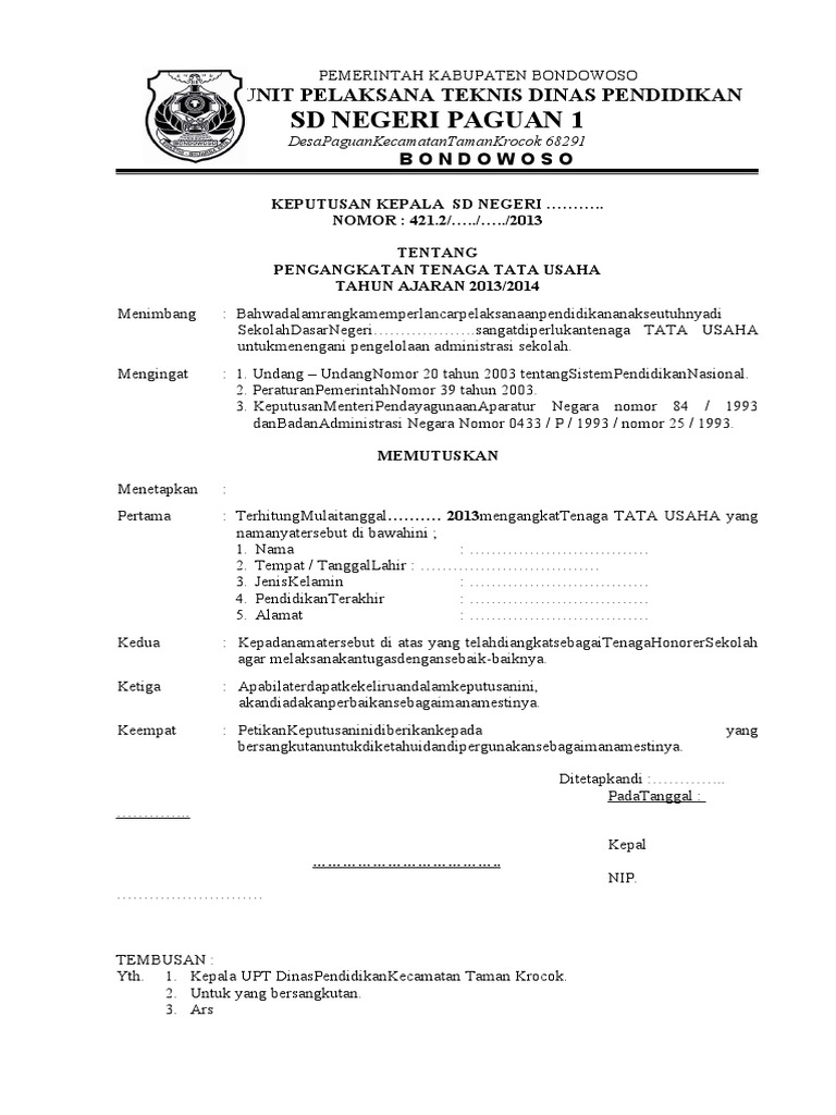 Contoh SK Pengangkatan TU Sekolah | PDF