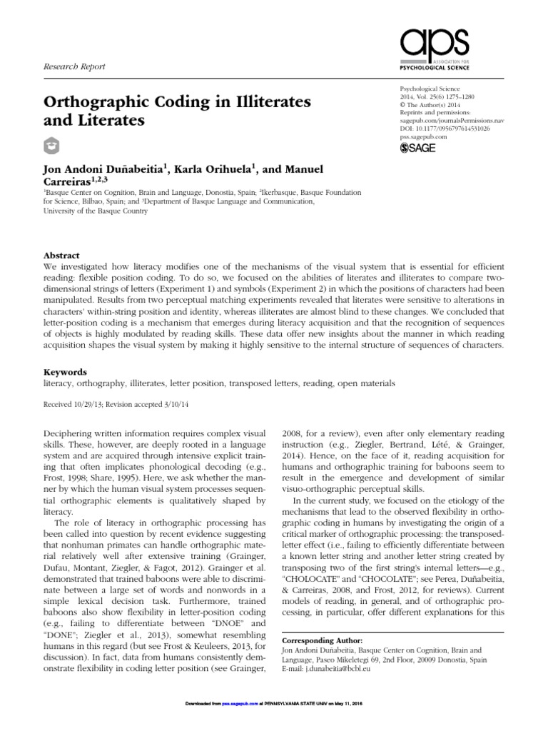 Orthographic Coding in Illiterates and Literates: Jon Andoni Duñabeitia ...