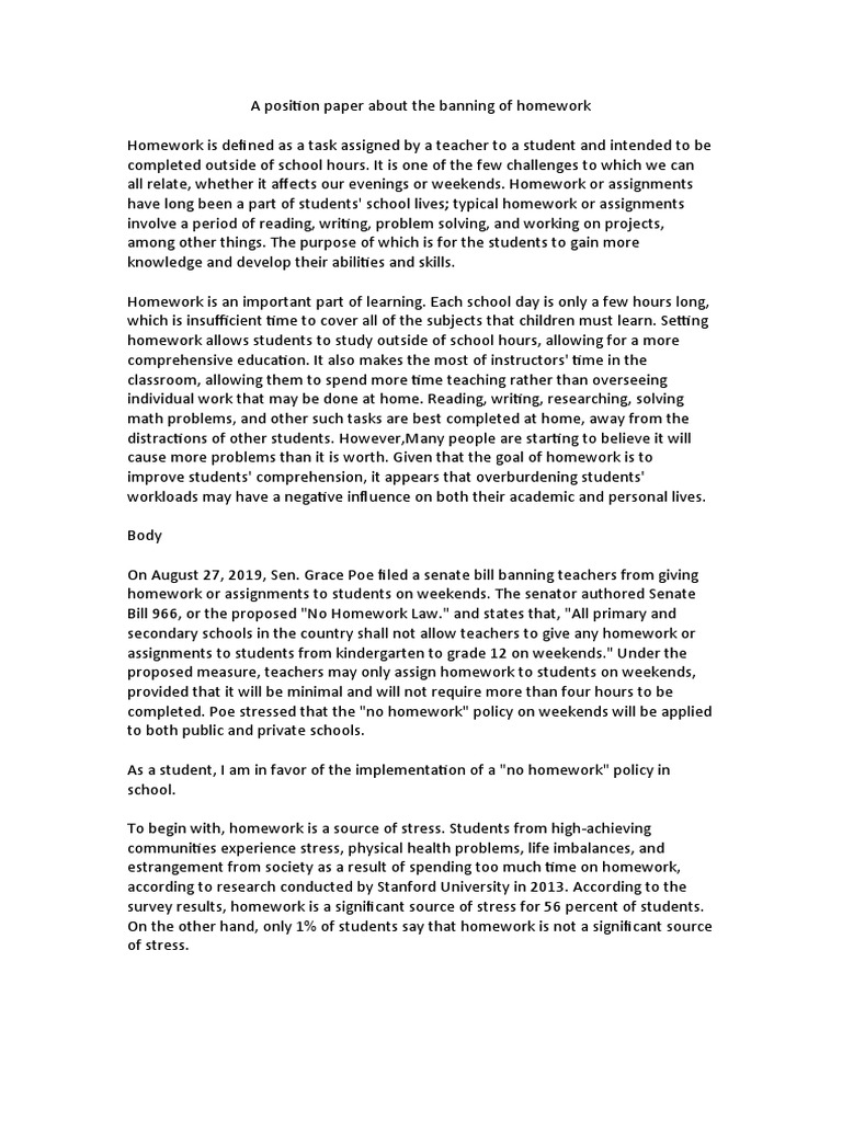 Position Paper on Homework Ban | PDF | Homework | Schools