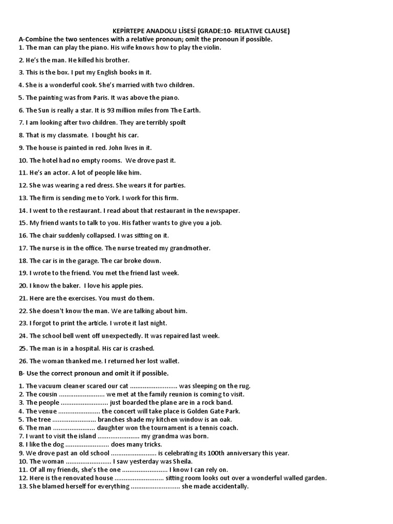 Relative Clauses Exercises for 10th Grade | PDF