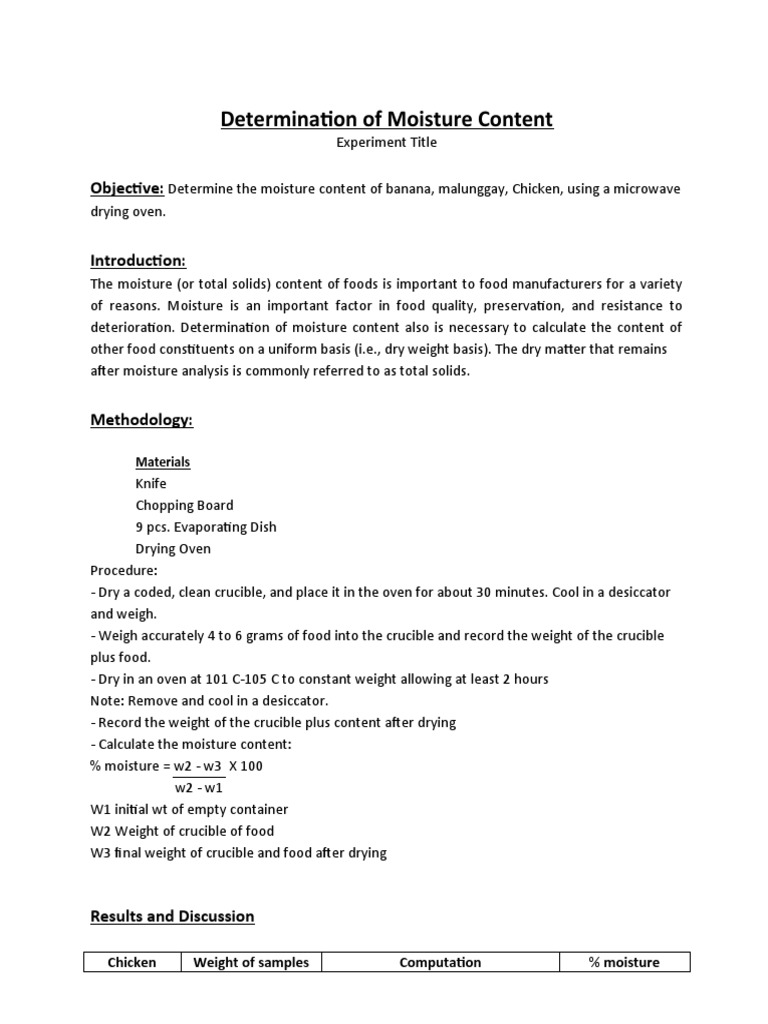 Moisture Content Analysis in Foods | PDF | Cooking, Food & Wine