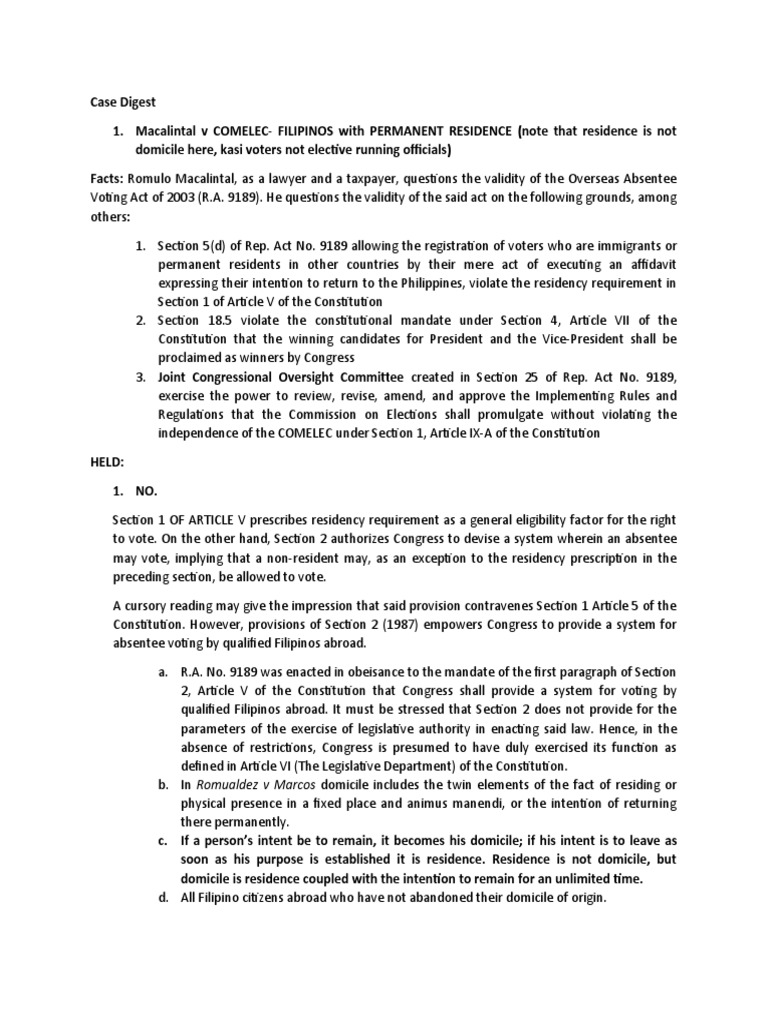 Case Digest SUFFRAGE PDF American Government United States Congress