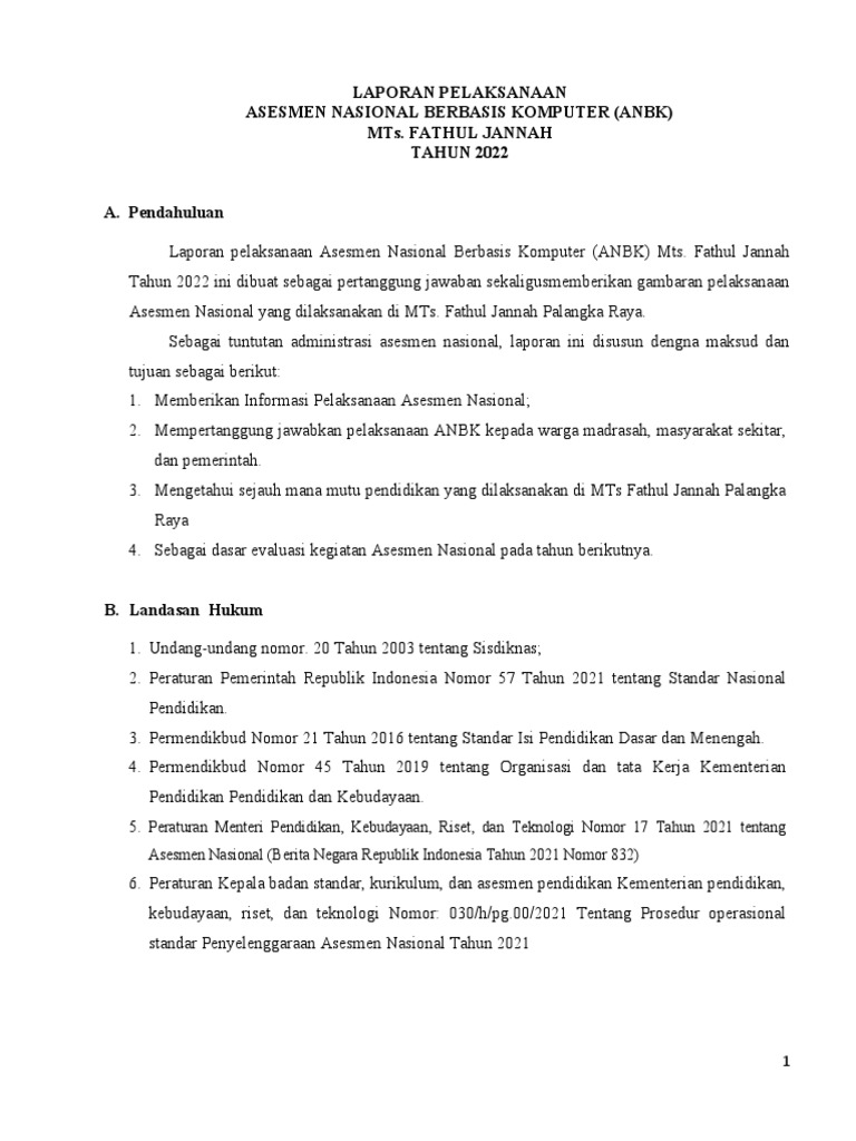 Laporan Pelaksanaan ANBK MTs 2022 | PDF