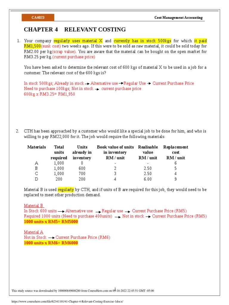 4.1 Chapter 4 Relevant Costing Exercise 1 | PDF | Inventory | Business ...