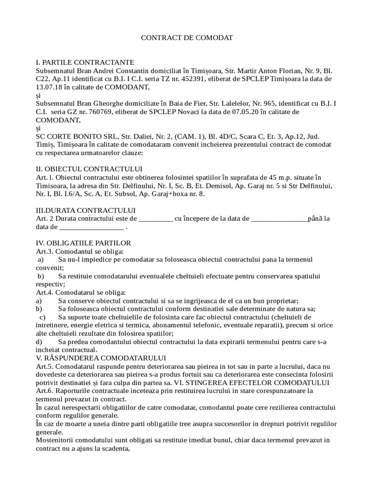 Contract de Comodat | PDF