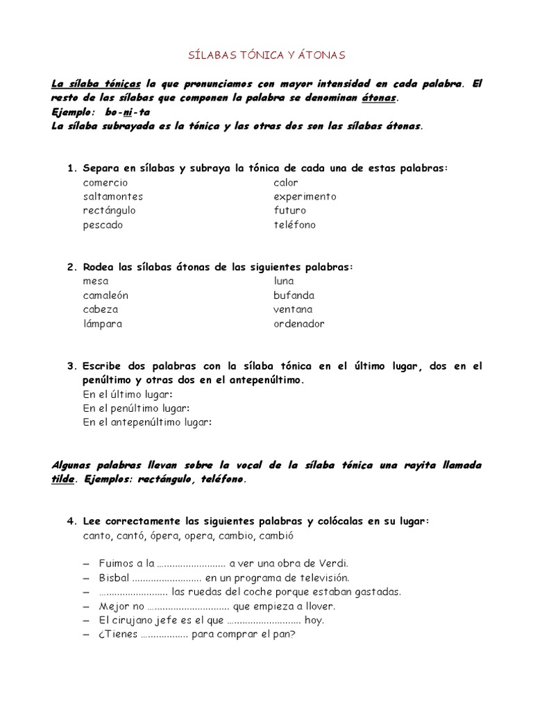 Sílaba Tónica y Átona: Ejercicios Prácticos | PDF