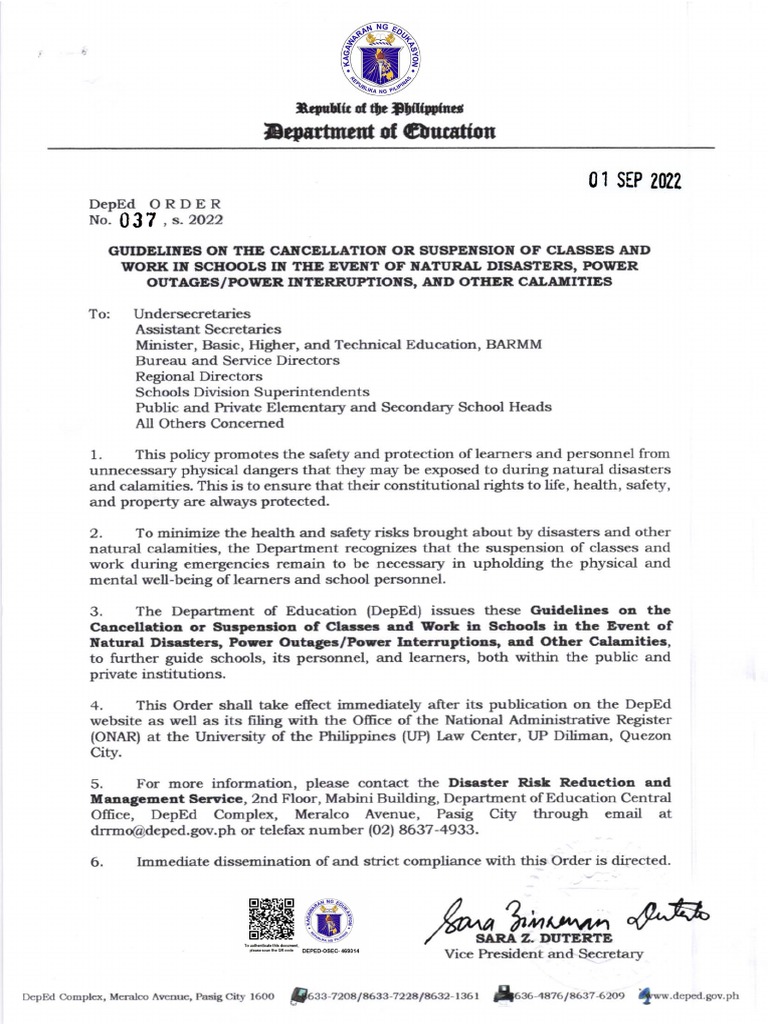 DO s2022 037 DepEd Guidelines Suspension of Work Classes PDF