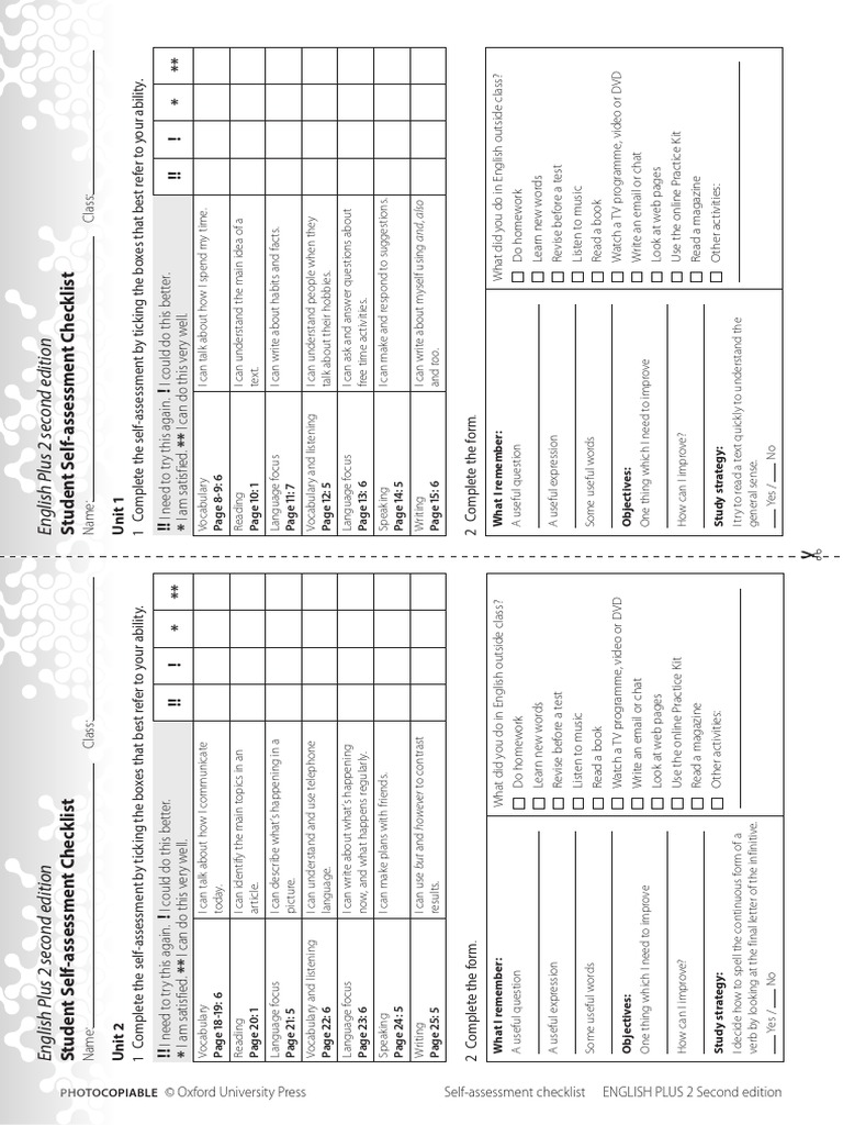 2e Level 2 Self-Assessment Checklist | PDF | Vocabulary | English Language