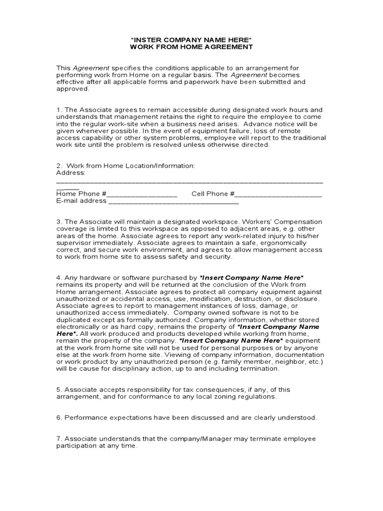 Work from Home Agreement Template | PDF | Employment | Occupational ...
