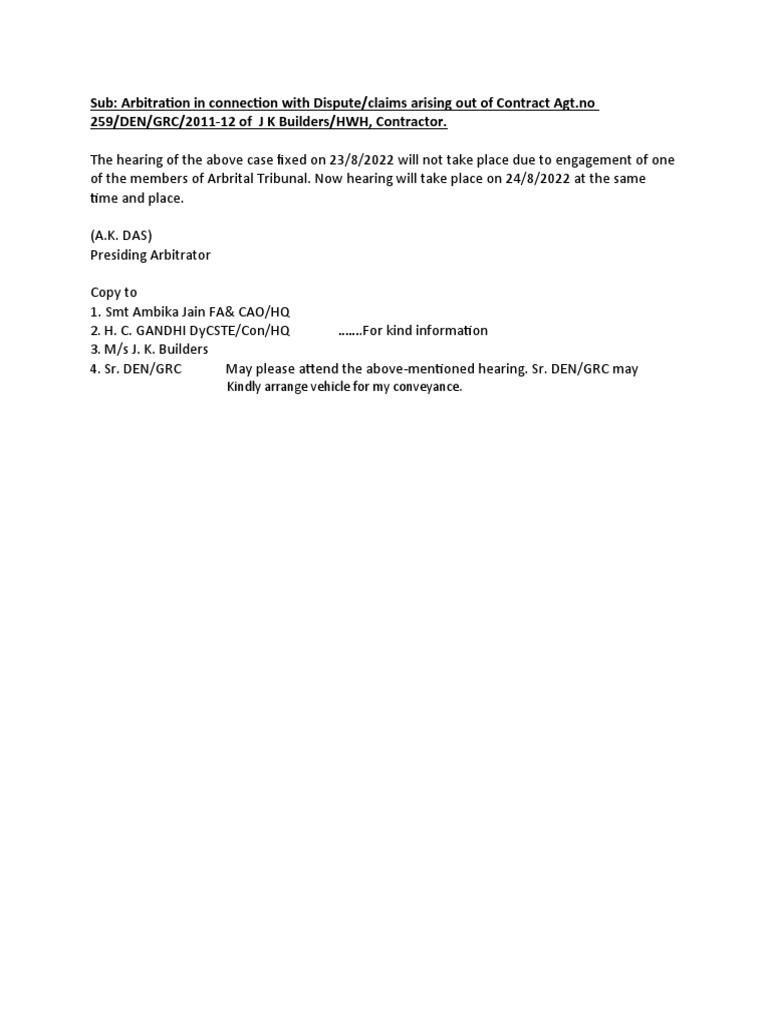 Sub: Arbitration in Connection With Dispute/claims Arising Out of ...