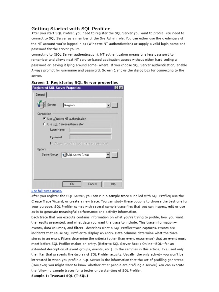 Getting Started With SQL Profiler: Screen 1: Registering SQL Server ...