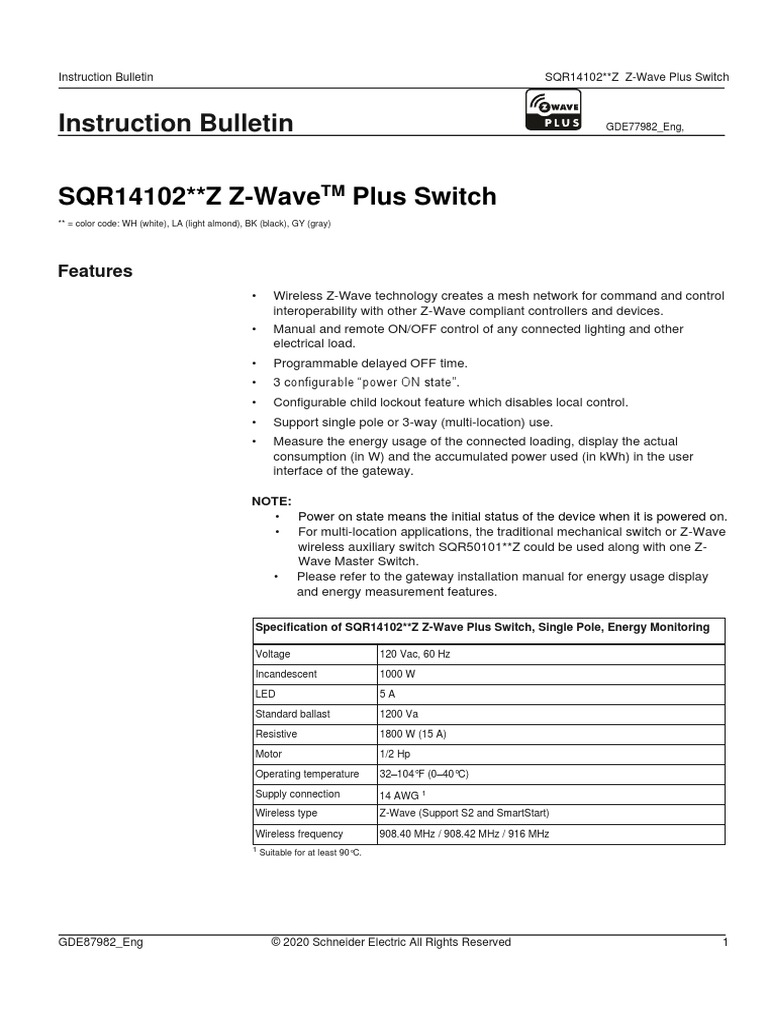 Instruction Bulletin SQR14102 Z ZWave Plus Switch PDF Radio Switch