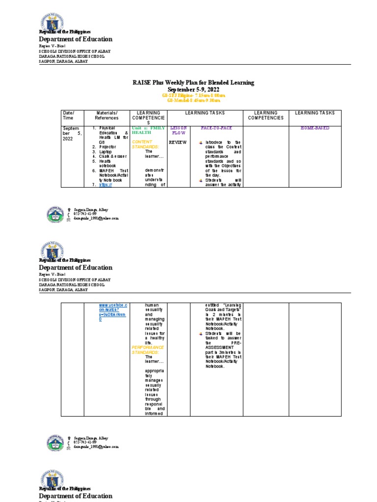 RAISE Plus Weekly Plan For Blended Learning in G80905092022 PDF
