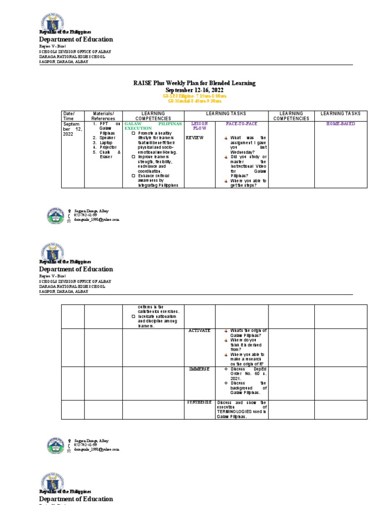 RAISE Plus Weekly Plan For Blended Learning in G80912162022 PDF