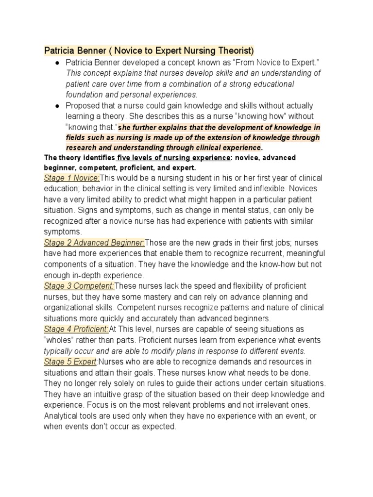 Benner's Nursing Expertise Levels Explained | PDF | Nursing | Experience