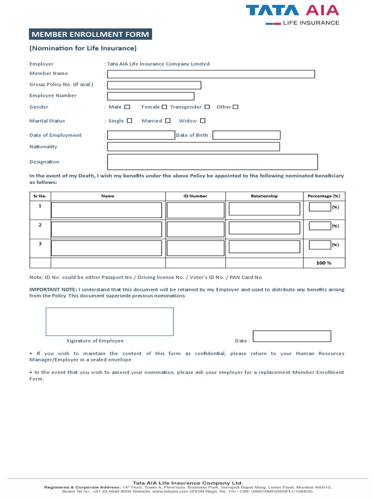 TALIC Life Insurance Nomination Form PDF