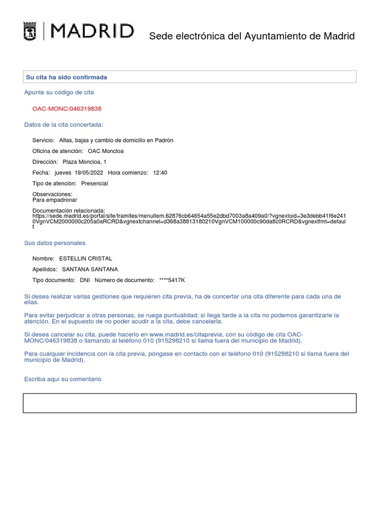 Justificante Cita | PDF | Madrid | Privacidad de la información