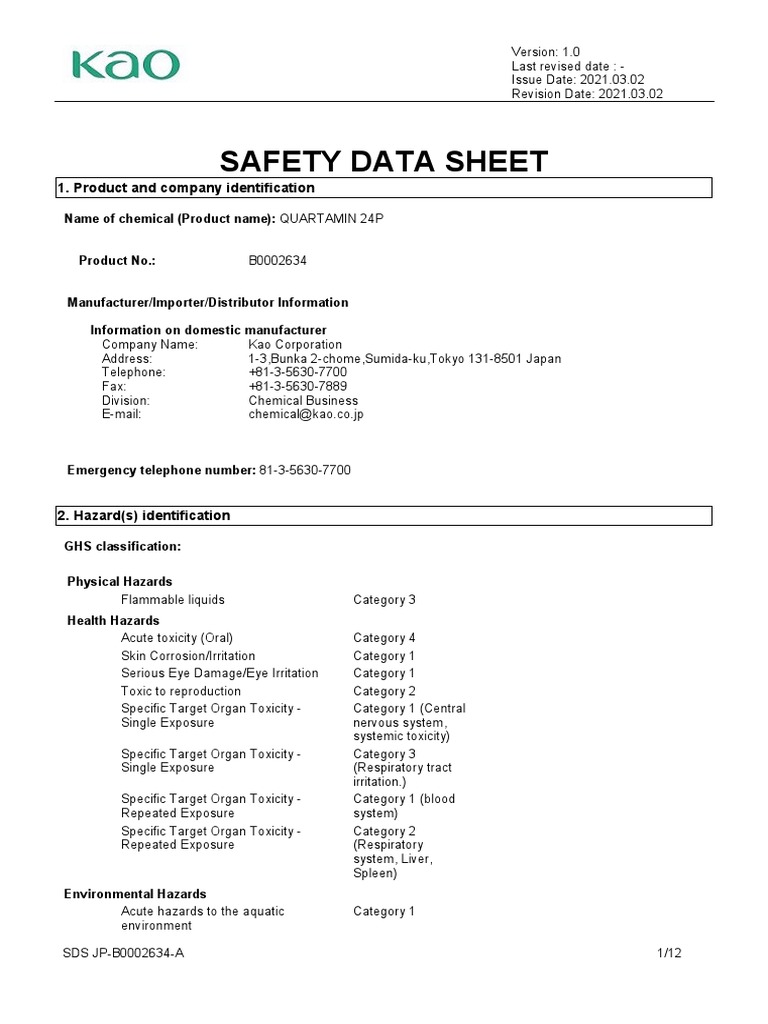 Sds Glen B0002634 PDF Toxicity Dangerous Goods