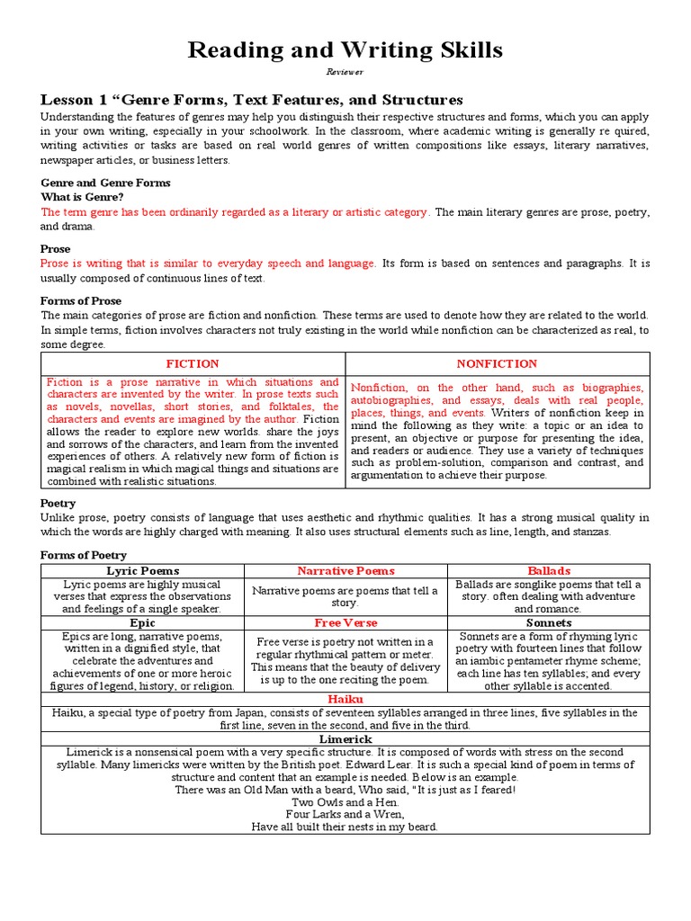 Reading and Writing Skills Reviewer Download Free PDF Poetry Play (Theatre)