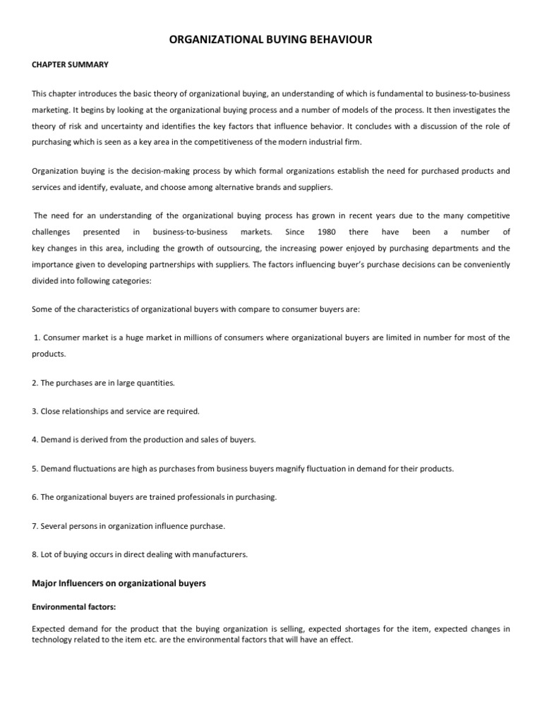 Organizational Buying Behaviour Pdf Supply Chain Behavior