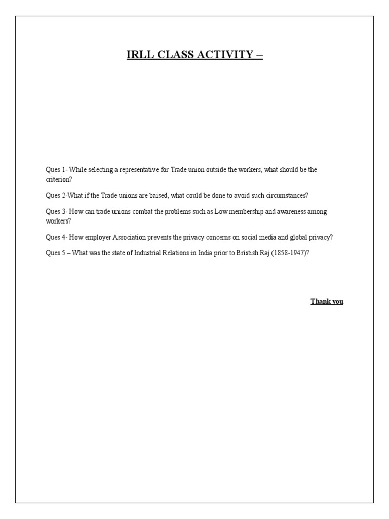 IRLL Class Activity: Trade Union Issues | PDF | Career & Growth ...