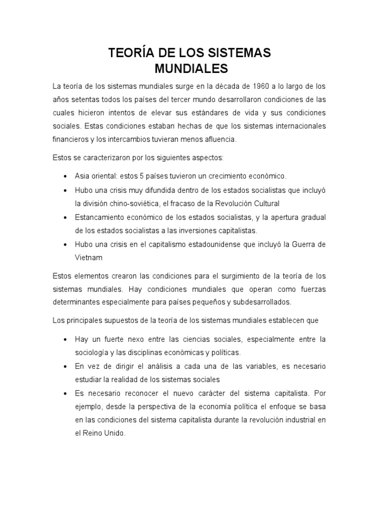 Teoria de Los Sistemas Mundiales PDF Teoría de sistemas mundiales Capitalismo