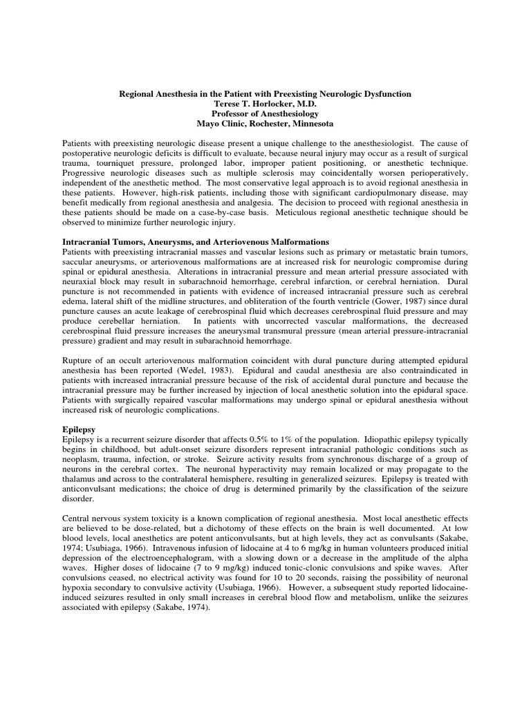 Regional Anesthesia Neurologic Patient PDF Anesthesia Epilepsy