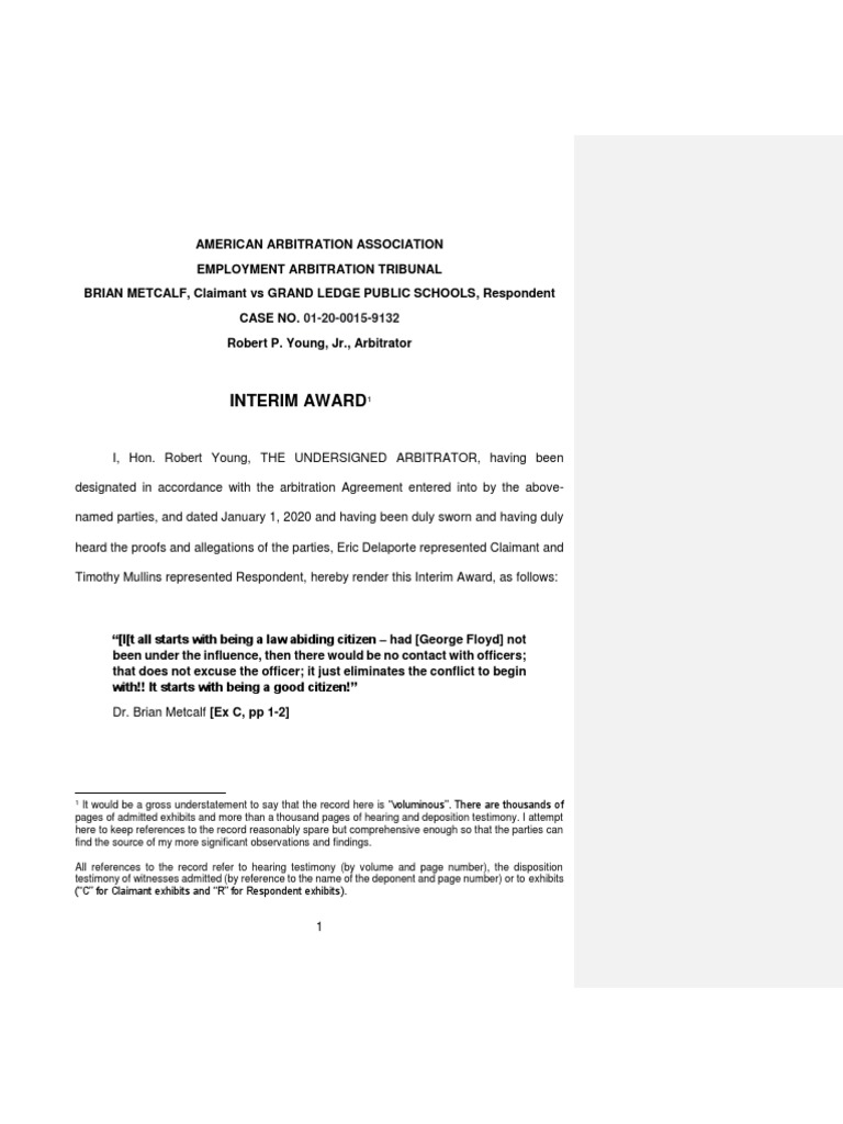 AMERICAN ARBITRATION ASSOCIATION EMPLOYMENT ARBITRATION TRIBUNAL BRIAN METCALF, Claimant Vs