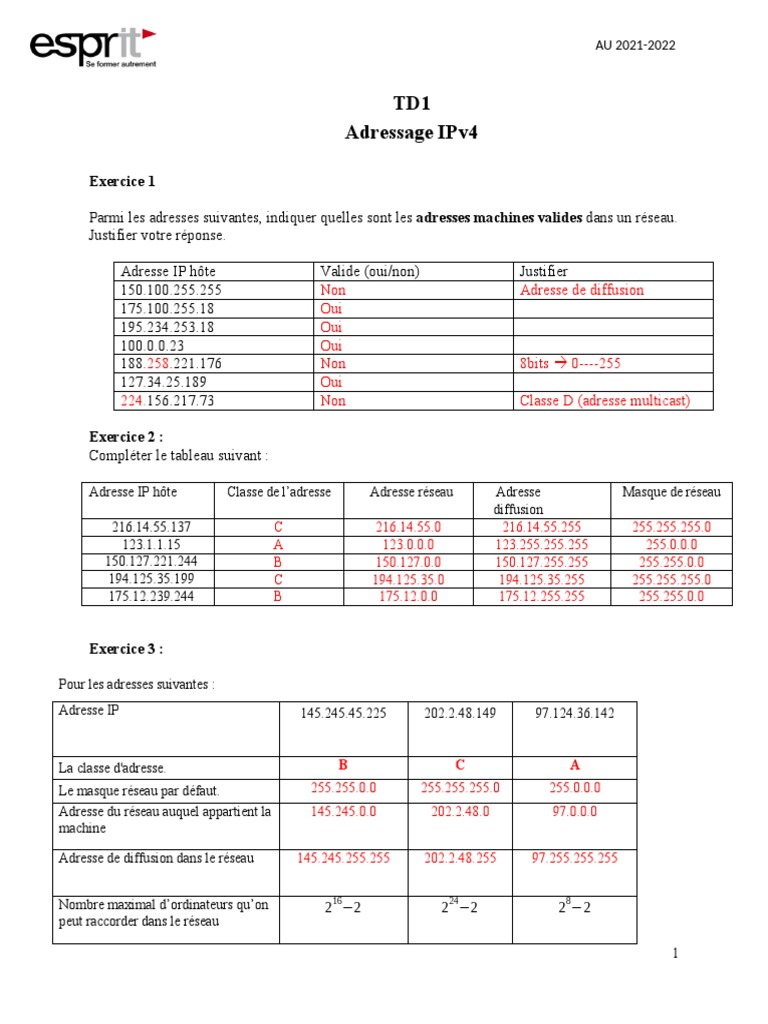 Exercices Corrigés sur l'Adressage IPv4 | PDF | Adresse IP | Informatique