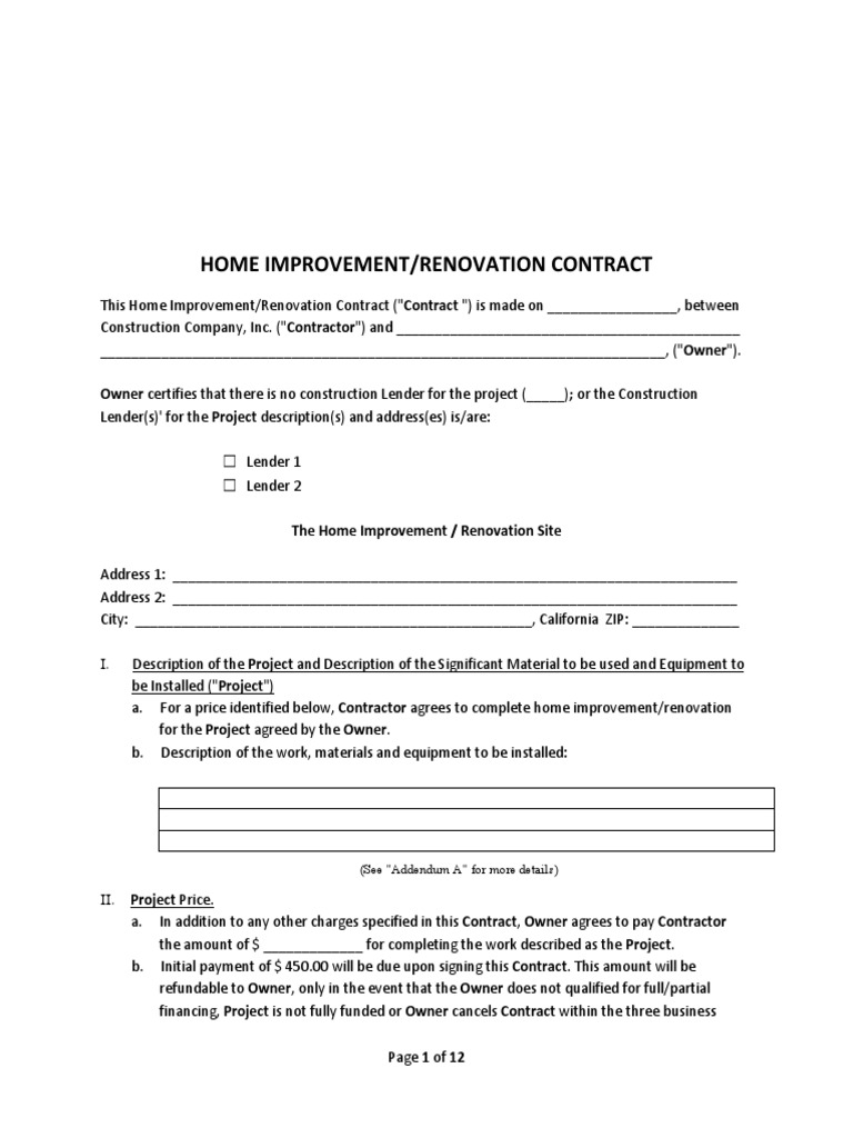 California Home Renovation Contract | PDF | Lien | Indemnity