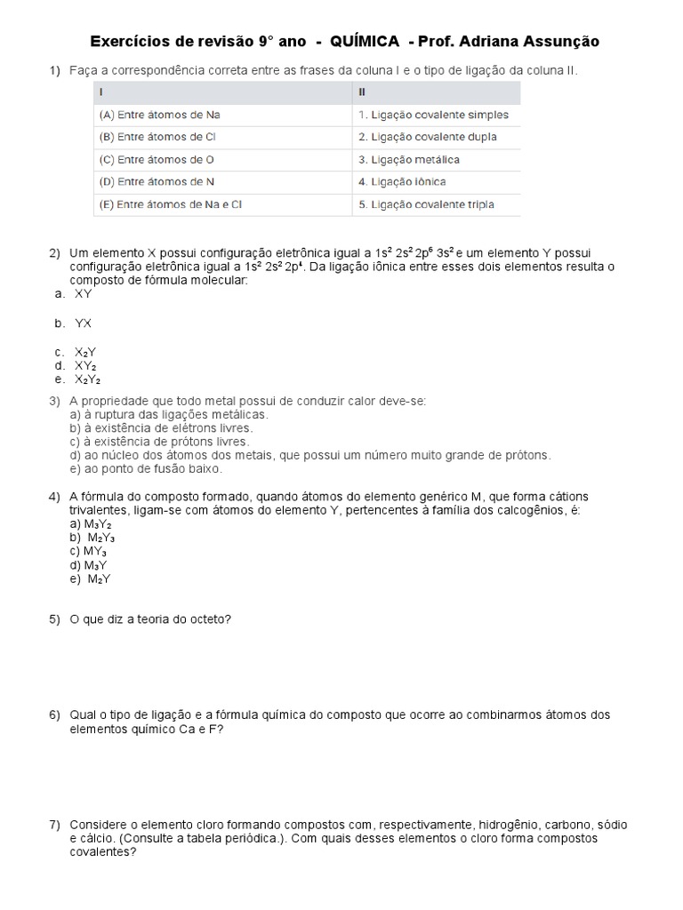 Exerc cios de revis o sobre conceitos b sicos de qu mica pdf
