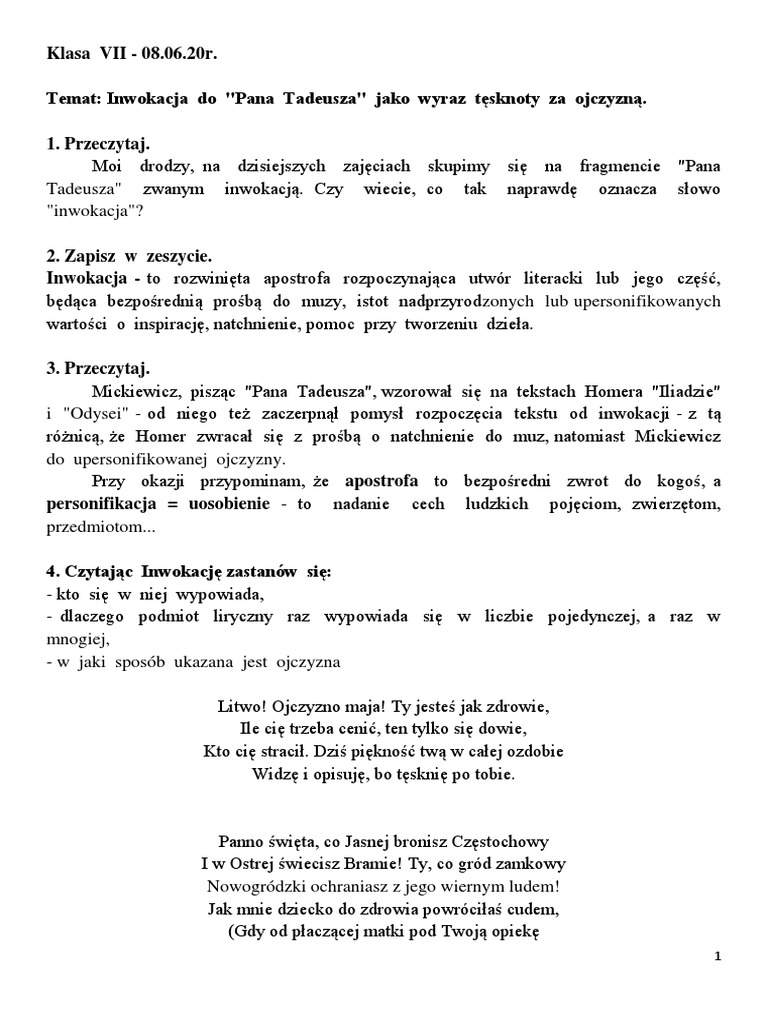 Pan Tadeusz Księga 1 Tekst Klasa VII 4 Pan Tadeusz | PDF
