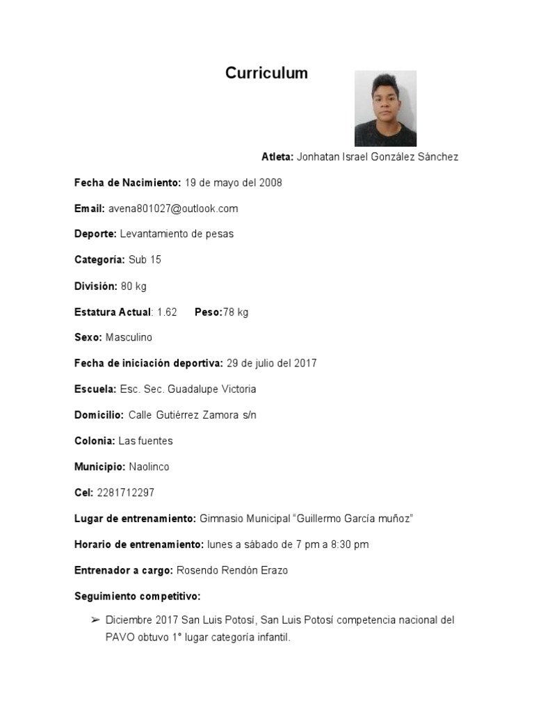 CV de Jonhatan González - Levantamiento de Pesas | PDF