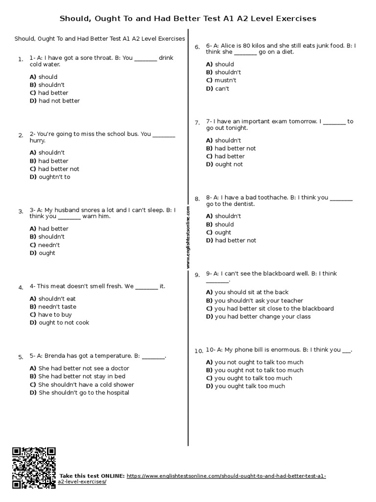431 - Should Ought To and Had Better Test A1 A2 Level Exercises | PDF