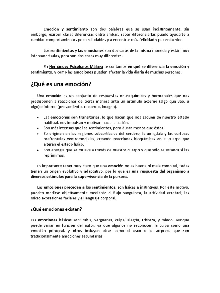 Las Emociones, Los Sentimientos y Sus Tipos | PDF | Las emociones ...
