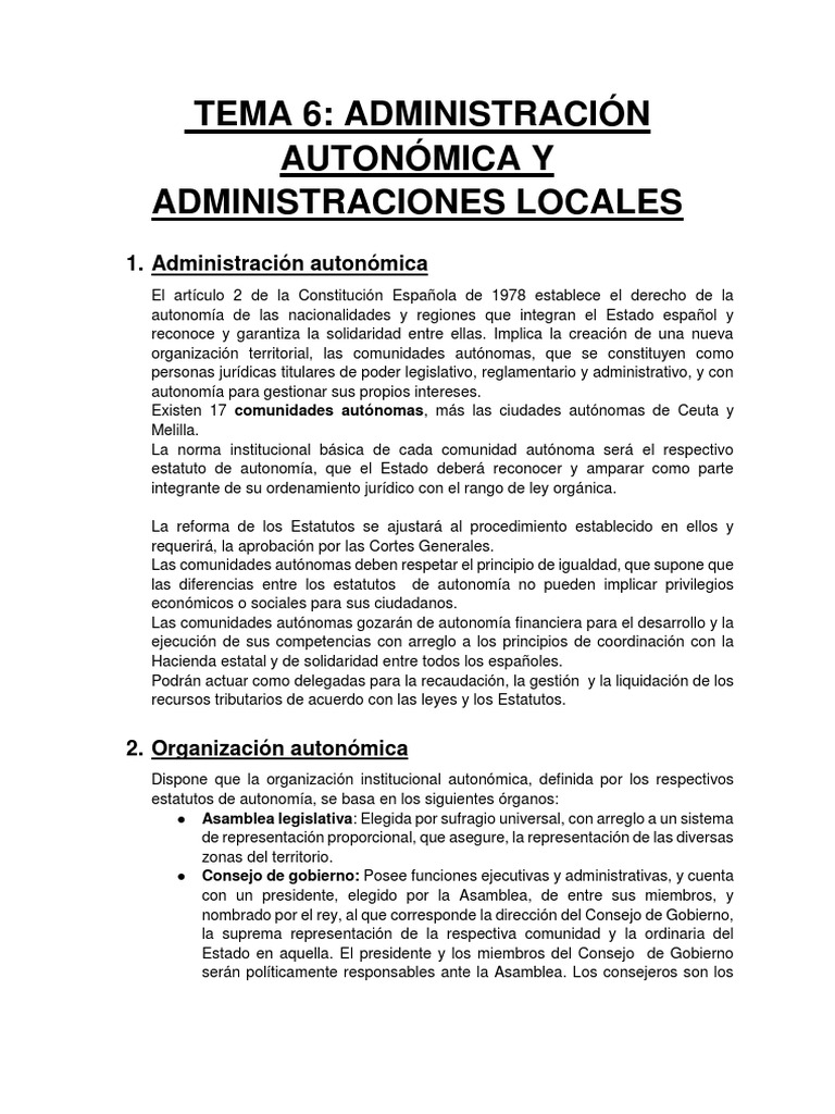 Tema 6 Administración Autonómica y Administraciones Locales PDF