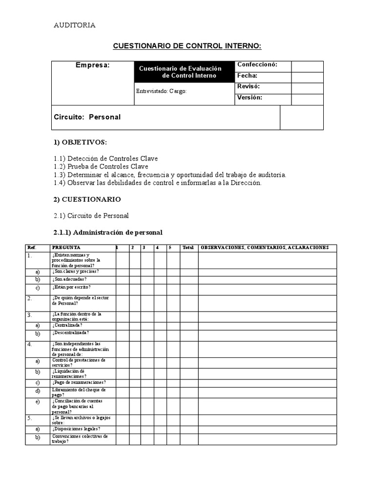 Cuestionario de Auditoría de Control Interno | PDF | Salario | Auditoría