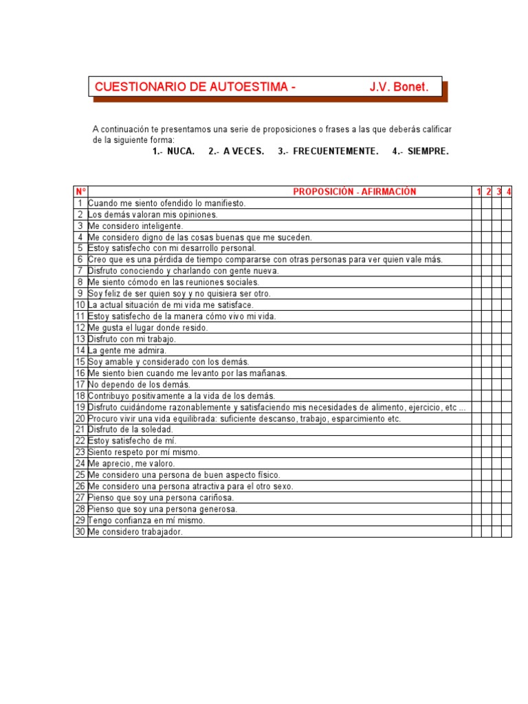 Cuestionario de Autoestima para Adolescentes | PDF | Autoestima
