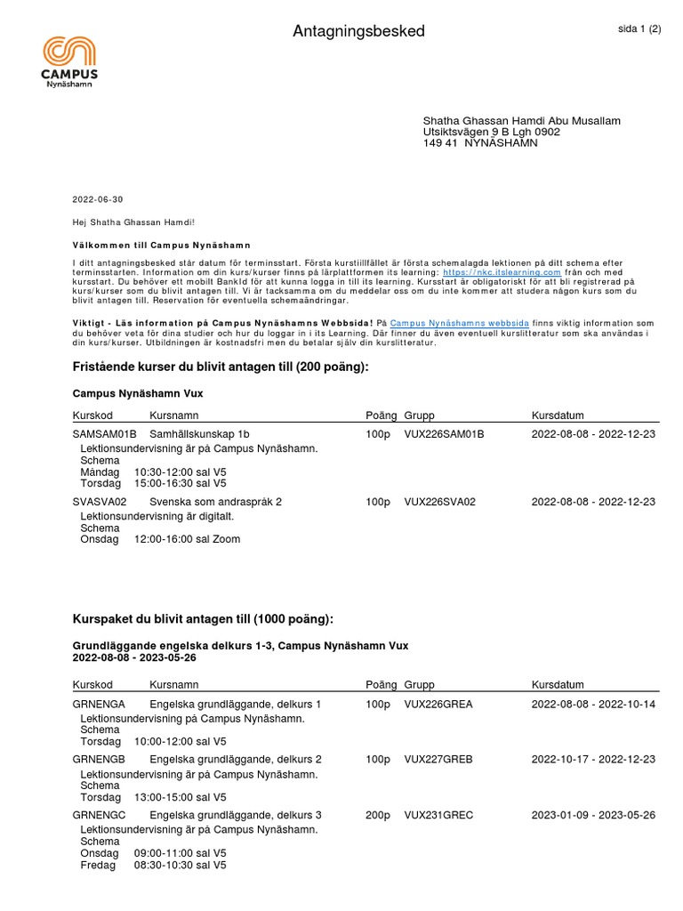 Antagningsbesked VUX 148025 PDF