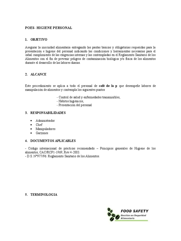 Poes-Higiene Personal | PDF | Alimentos | Lavado de manos