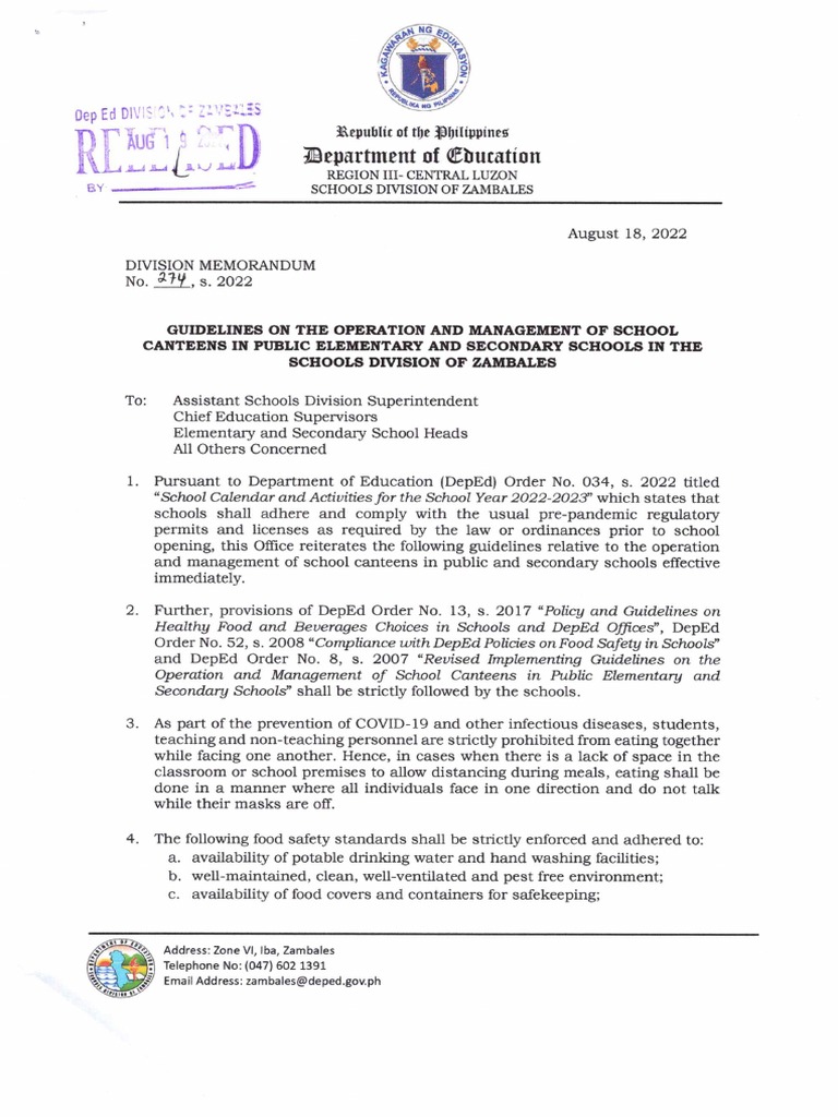 DM No. 274 S. 2022Guidelines On The Operation and Management of School Canteens in Public