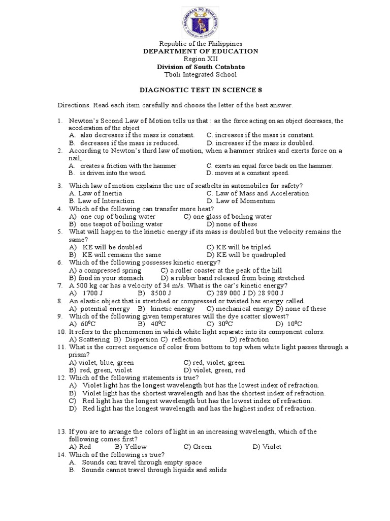 Grade 8 Science Diagnostic Test | PDF | Mitosis | Applied And ...