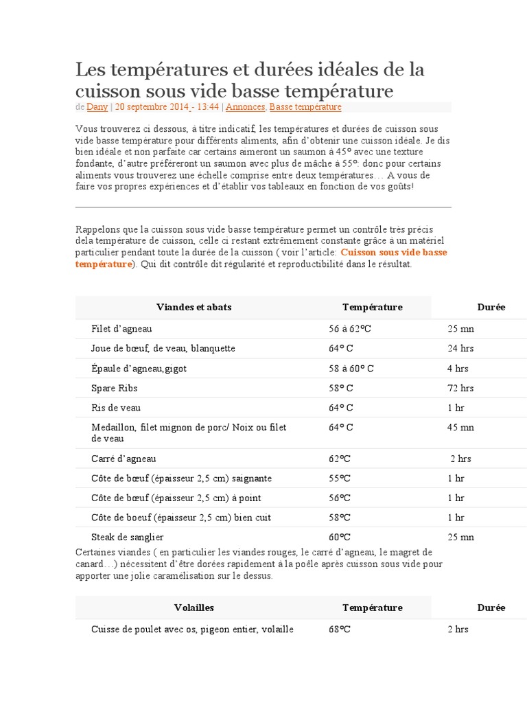 Les Températures Cuisson Sous Vide PDF Légumes Nourritures