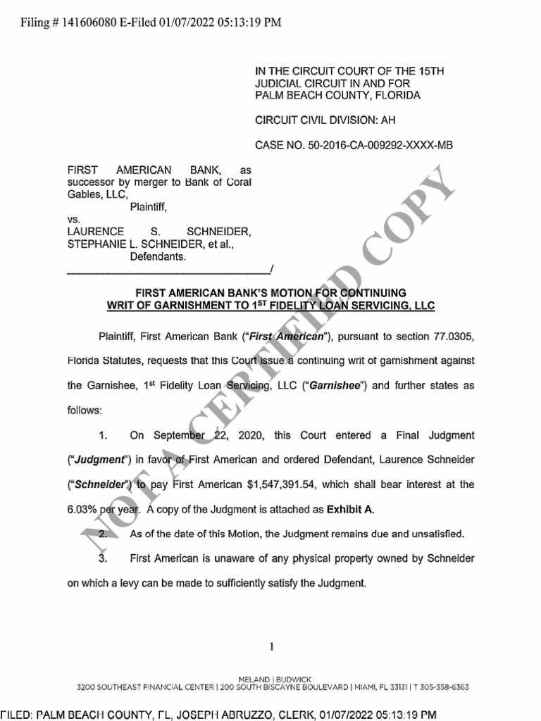 795 Motion Continuing Writ of Garnishment To 1st Fidelity Loan